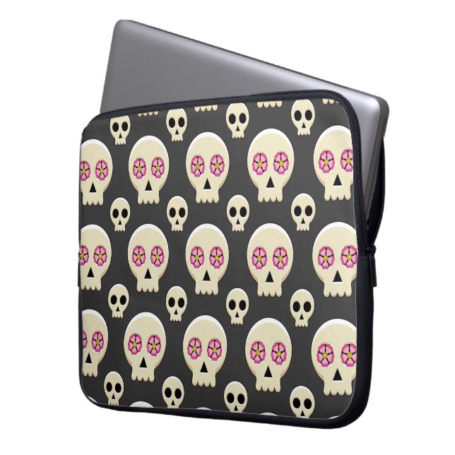 Creepy Cute Kawaii Goth Skull with Flowers Pattern Laptop Sleeve (Front Left)