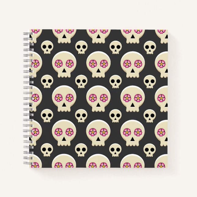 Creepy Cute Kawaii Goth Skull with Flowers Pattern Notebook (Front)