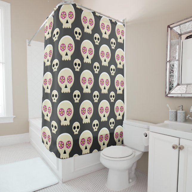 Creepy Cute Kawaii Goth Skull with Flowers Pattern Shower Curtain (In Situ)