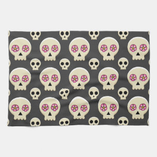 Creepy Cute Kawaii Goth Skull with Flowers Pattern Tea Towel