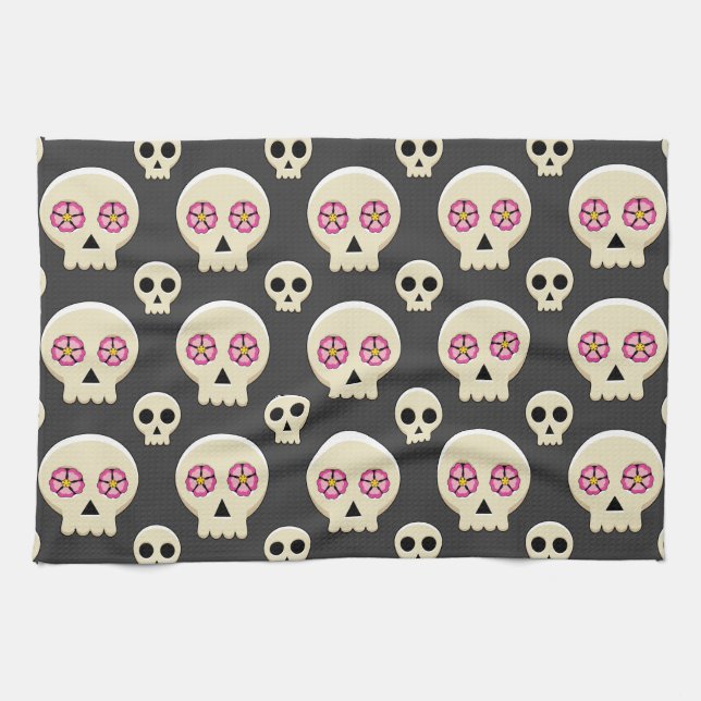Creepy Cute Kawaii Goth Skull with Flowers Pattern Tea Towel (Horizontal)