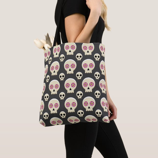 Creepy Cute Kawaii Goth Skull with Flowers Pattern Tote Bag (Close Up)