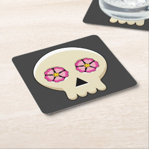 Creepy Cute Kawaii Goth Skull with Flowers Square Paper Coaster