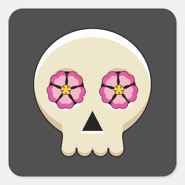 Creepy Cute Kawaii Goth Skull with Flowers Square Sticker (Front)