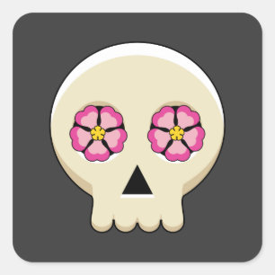Creepy Cute Kawaii Goth Skull with Flowers Square Sticker
