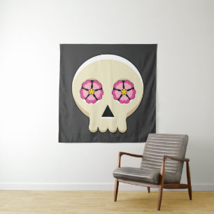 Creepy Cute Kawaii Goth Skull with Flowers Tapestry