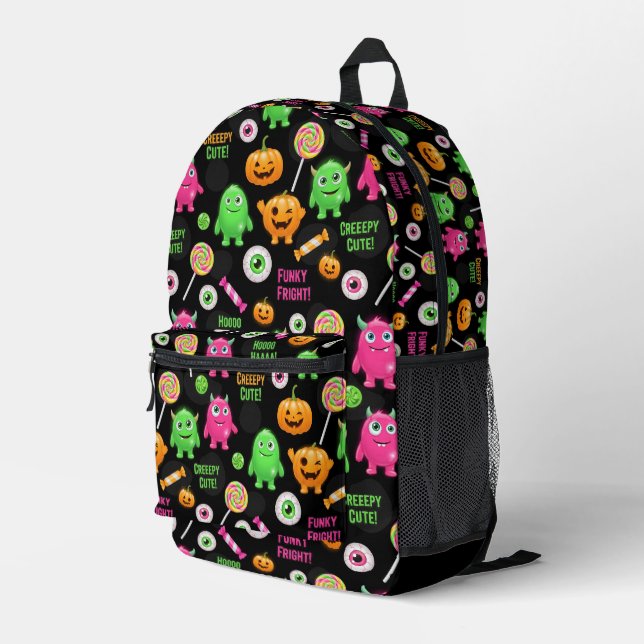 "Creepy Cute" Monsters and Halloween Fun Seamless  Printed Backpack (Back Corner Right)