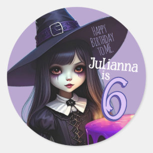 Creepy Cute, Purple Witch Birthday, Gothic Theme Classic Round Sticker