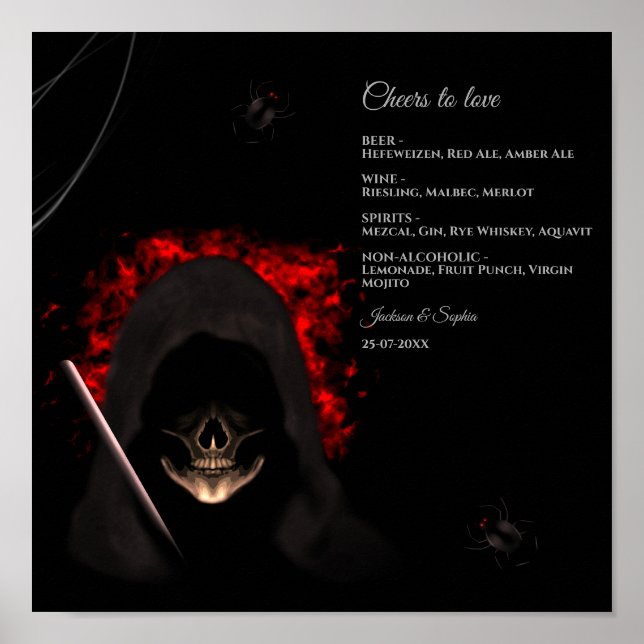 Creepy dark moody gothic skull drinks menu sign (Front)