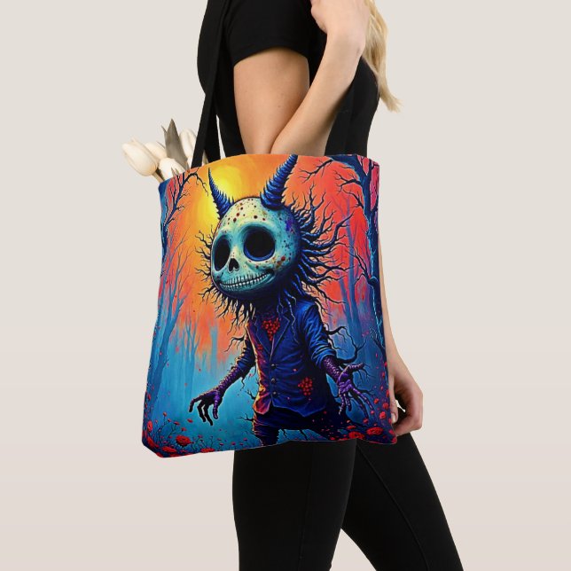 Creepy Demon in Spooky Woods Design Tote Bag (Close Up)
