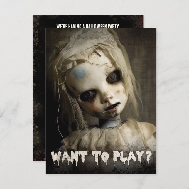 Creepy Doll Budget Adult Halloween Invitation Postcard (Front/Back)