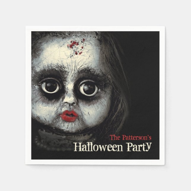 Creepy Doll Haunted Halloween Party with Name Napkin (Front)