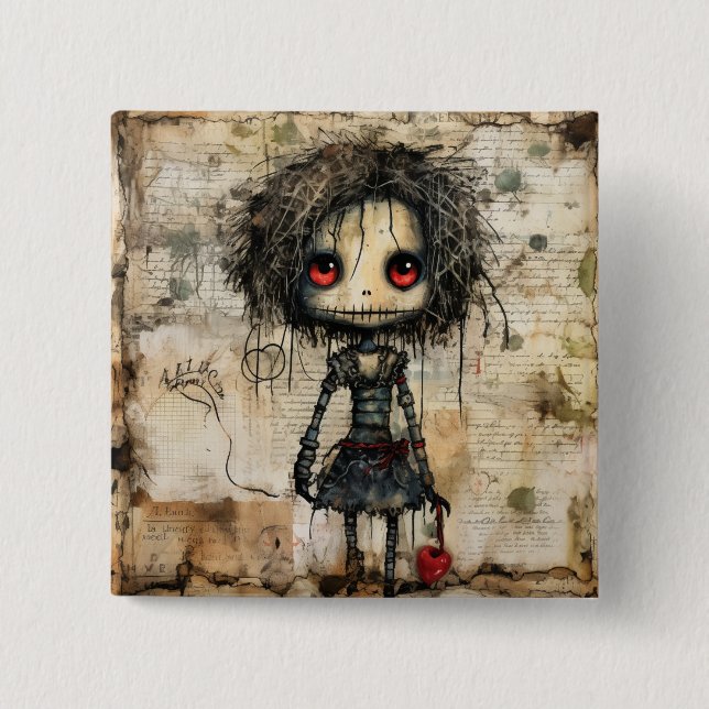 Creepy Doll with Heart 15 Cm Square Badge (Front)