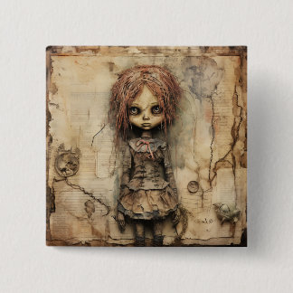 Creepy Doll with Pink Bow 15 Cm Square Badge