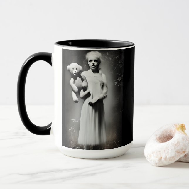 Creepy Ethereal Girl Holding Teddy Bear Mug (With Donut)