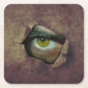 Creepy Eye Peeking through a Hole in the Wall Square Paper Coaster