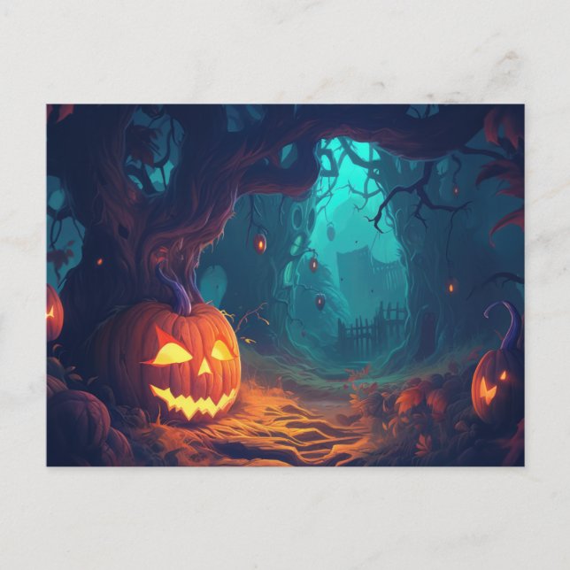 Creepy Forest with Jack-O' Lanterns Halloween Holiday Postcard (Front)