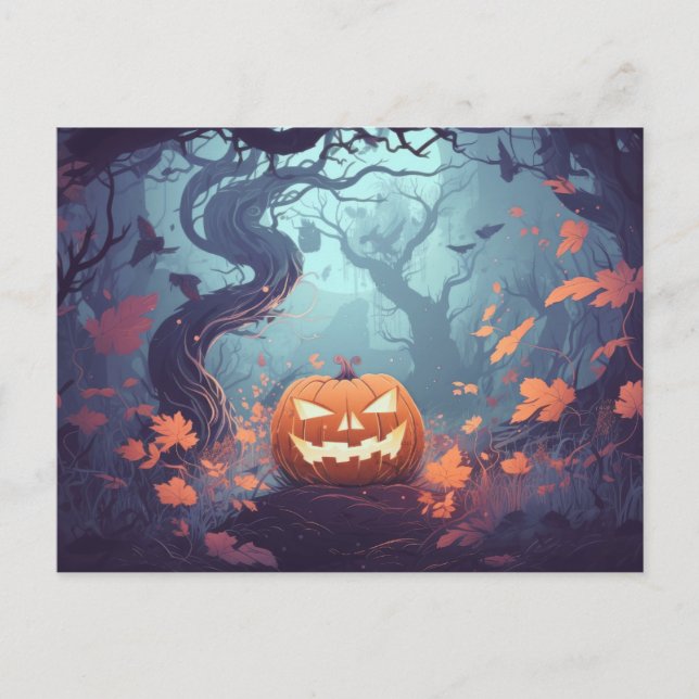 Creepy Forest with Jack-O' Lanterns Halloween Holiday Postcard (Front)