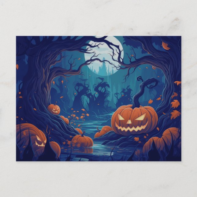 Creepy Forest with Jack-O' Lanterns Halloween Holiday Postcard (Front)