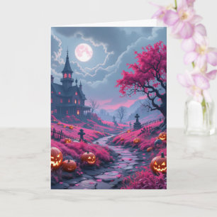  Creepy Fuchsia halloween mansion Card