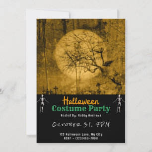 Creepy Full Moon and Birds Black Halloween Invitation