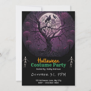 Creepy Full Moon and Birds Black Halloween Invitation