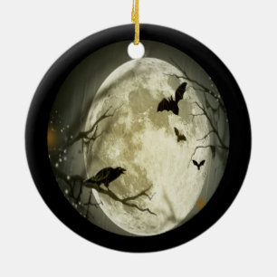 Creepy Full Moon with Birds Ceramic Ornament