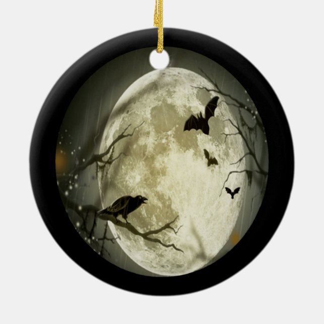 Creepy Full Moon with Birds Ceramic Ornament (Back)