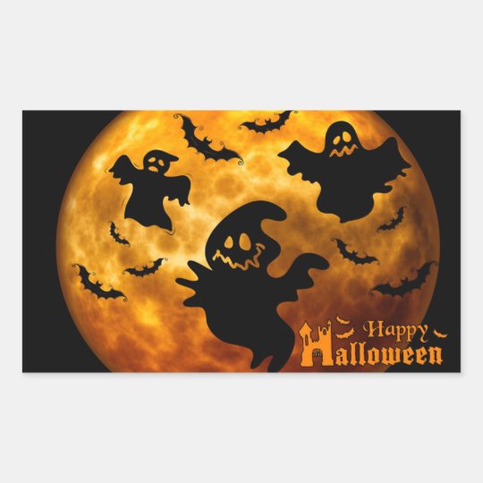 Creepy Ghost, Vampire Bats and Halloween Moon Rectangular Sticker