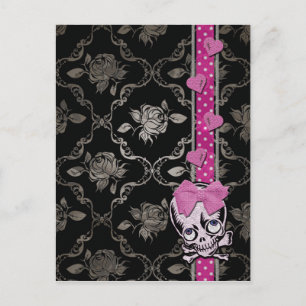 Creepy Girl Skull with Pink Bow on Black Damask Postcard