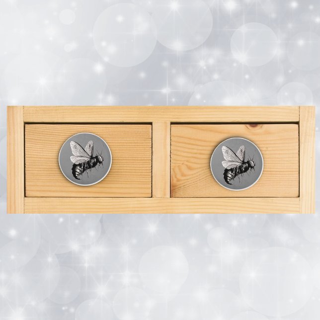 Creepy Gothic Bee Skull Wings Insect Ceramic Knob (Gothic scary black white bee skull crossbones on wings on grey drawer knob pull.)