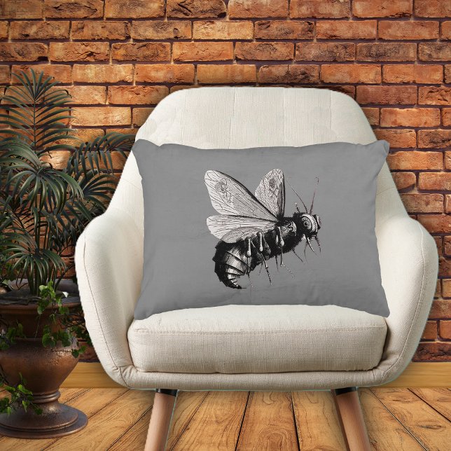 Creepy Gothic Bee Skull Wings Insect Decorative Cushion (Creepy Gothic look bee in black and white with skull wings on grey decorative pillow.)