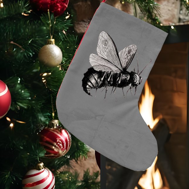 Creepy Gothic Bee Skull Wings Insect Small Christmas Stocking (Scary big bee in black white with skull crossbones on wings on dark grey Christmas stocking.)