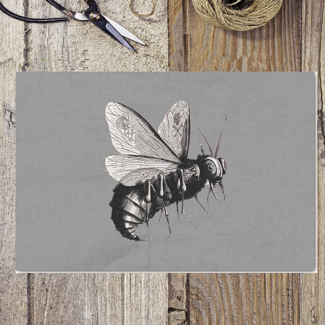 Creepy Gothic Bee Skull Wings Insect Tissue Paper (Scary Gothic Bee illustration skull crossbones wings on grey tissue wrap paper.)