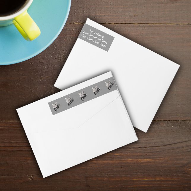 Creepy Gothic Bee Skull Wings Insect Wrap Around Label (Row of Gothic bees with skulls on wings on wrap around return address label.)