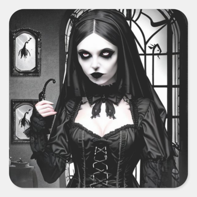 Creepy Gothic Girl in Black and White Halloween Square Sticker (Front)