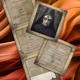 Creepy Gothic Nun QR Code Adult Halloween Tri-Fold Invitation