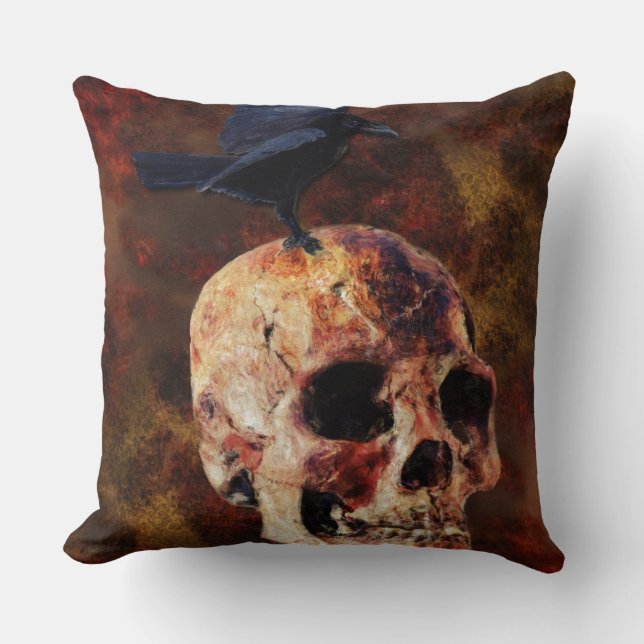 Creepy Gothic Skull and Crow - Halloween Horror Cushion (Front)