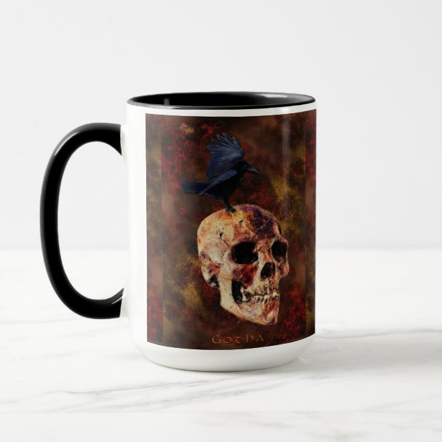 Creepy Gothic Skull and Crow - Halloween Horror Mug (Left)