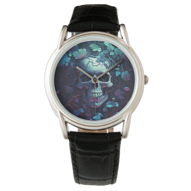 Creepy Gothic Skull Art with Twisted Vine Leaves Watch (Front)