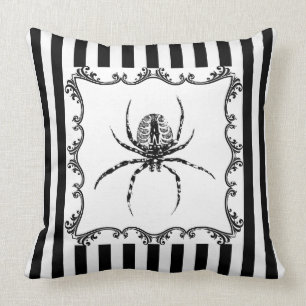 Creepy Gothic Spider Drawing Black & White Stripes Cushion