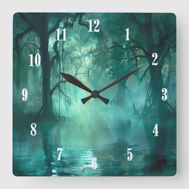 Creepy Green Swamp White Numbers Square Wall Clock (Front)