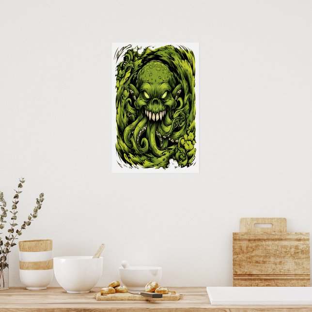 Creepy Green Tentacle Monster Horror Poster (Kitchen)