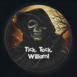 Creepy Grim Reaper Birthday Paper Plate<br><div class="desc">The grim reaper with his skeletal face and an ominous background makes up this scary design that says,  "Tick,  tock,  name."</div>