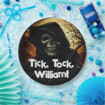 Creepy Grim Reaper Birthday Paper Plate<br><div class="desc">The grim reaper with his skeletal face and an ominous background makes up this scary design that says,  "Tick,  tock,  name."</div>