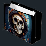 Creepy Grinning Skeleton Halloween Birthday Large Gift Bag<br><div class="desc">Gift bag with an illustration of a skeleton wearing a hooded jacket with an orange witch's hat on top. Surrounded by cute and spooky pumpkins. A glowing moon in the back with a single bat flying nearby. Fun autumn Halloween design.</div>