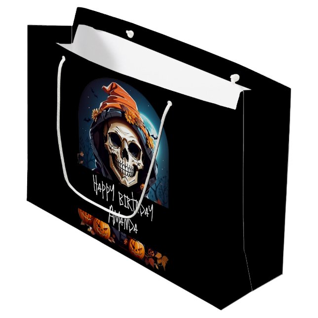 Creepy Grinning Skeleton Halloween Birthday Large Gift Bag (Front Angled)