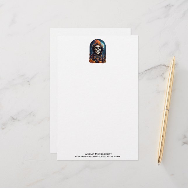 Creepy Grinning Skeleton Halloween Stationery (Front/Back In Situ)
