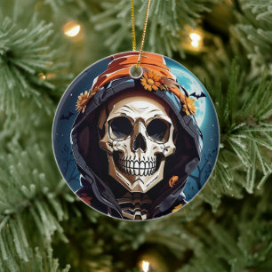 Creepy Grinning Skull Halloween Ceramic Ornament