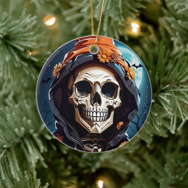 Creepy Grinning Skull Halloween Ceramic Ornament (Tree)